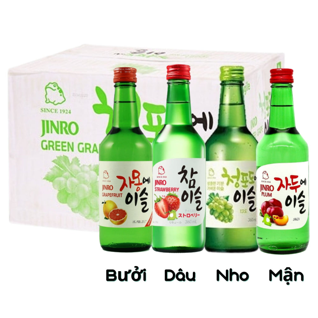 Thùng 20 chai rượu soju trái cây mix 4 vị Jinro (bưởi, dâu, nho, mận)