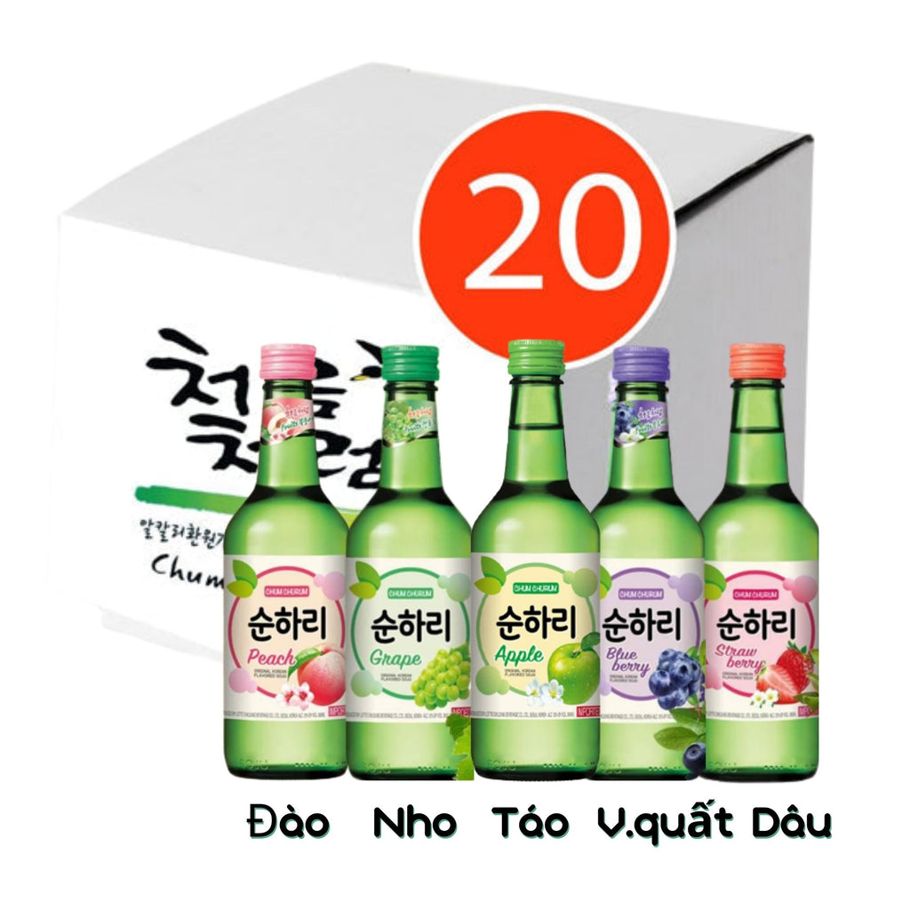 Thùng 20 chai rượu soju trái cây mix 5 vị Chum Churum (đào, nho, táo, việt quất, dâu)